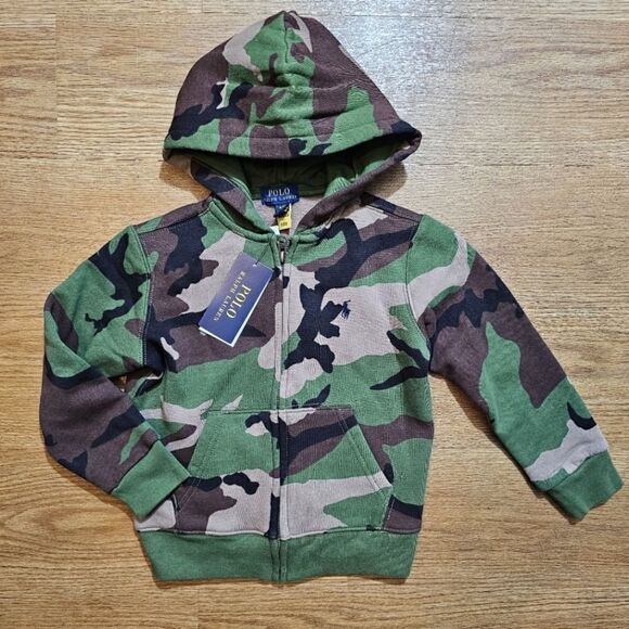 Polo Ralph Lauren Pony Logo Camo Jacket Full Zip Hoodie Girls Size 4 Green Black - Picture 1 of 9